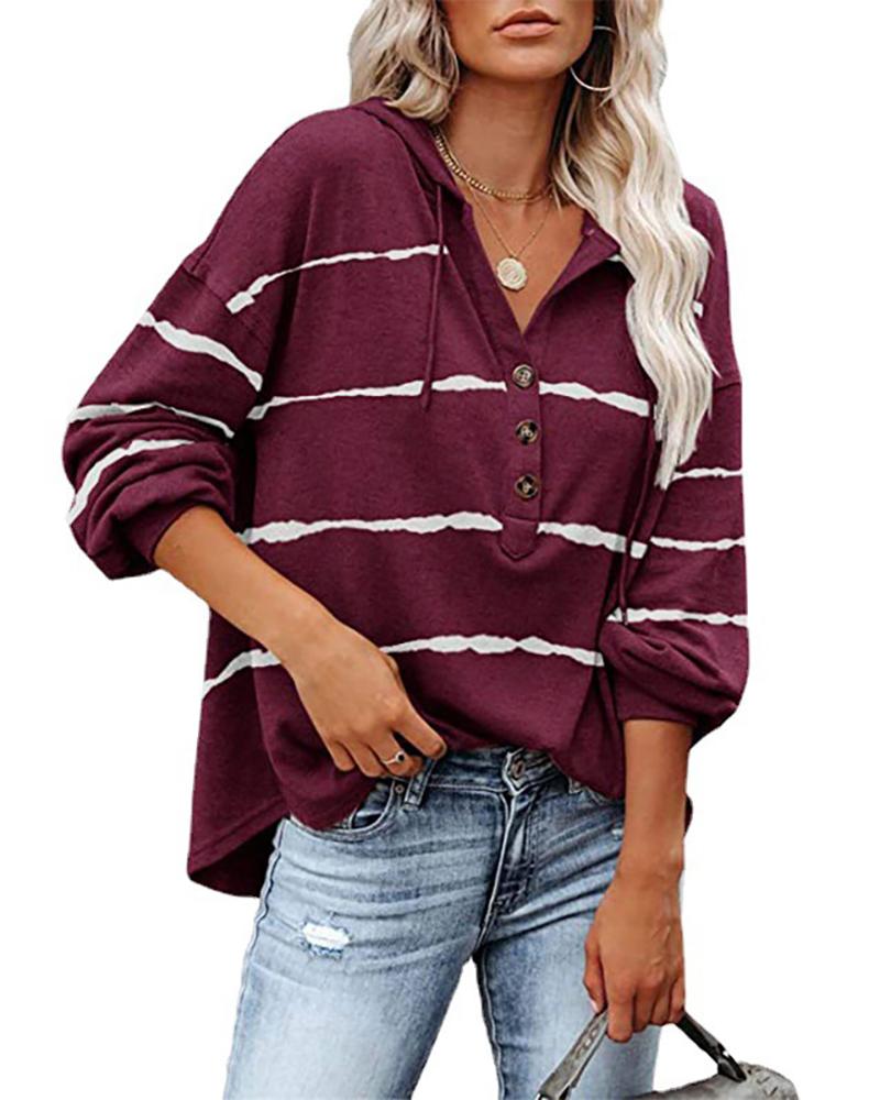 

Striped Button Front Long Sleeve Hooded Top, Wine red