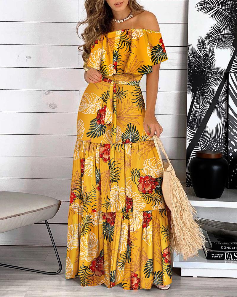 

Off Shoulder Ruffle Hem Floral Print Dress, Yellow