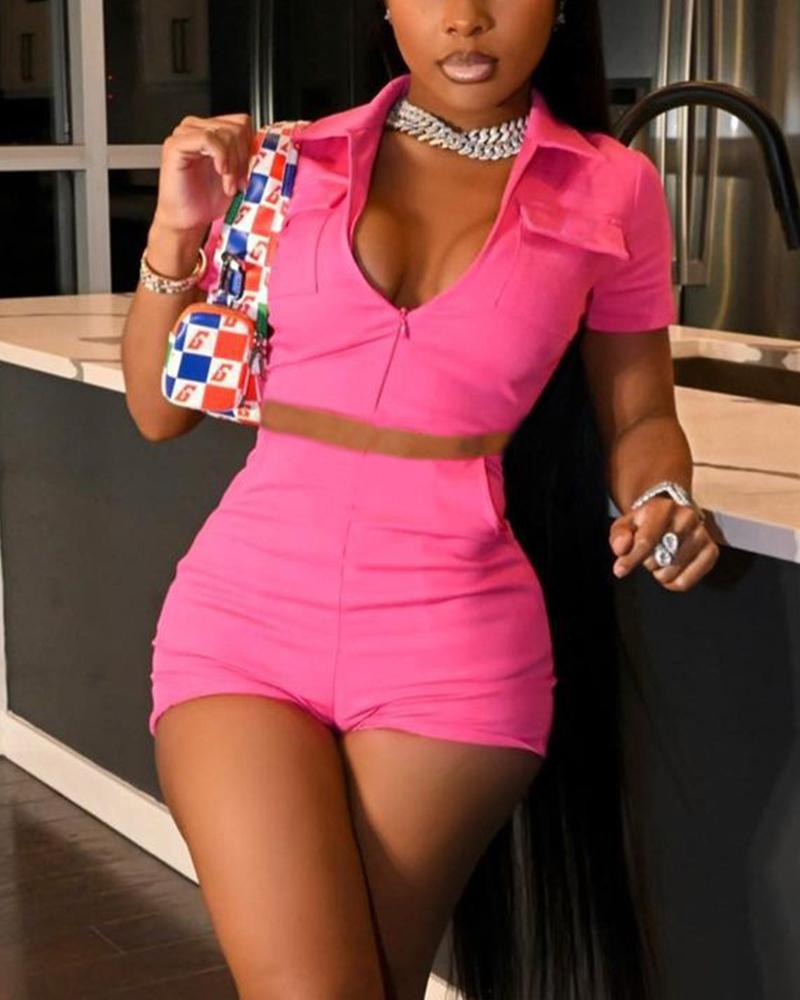 

Solid Color Zipper Front Crop Top & Shorts Set, Pink