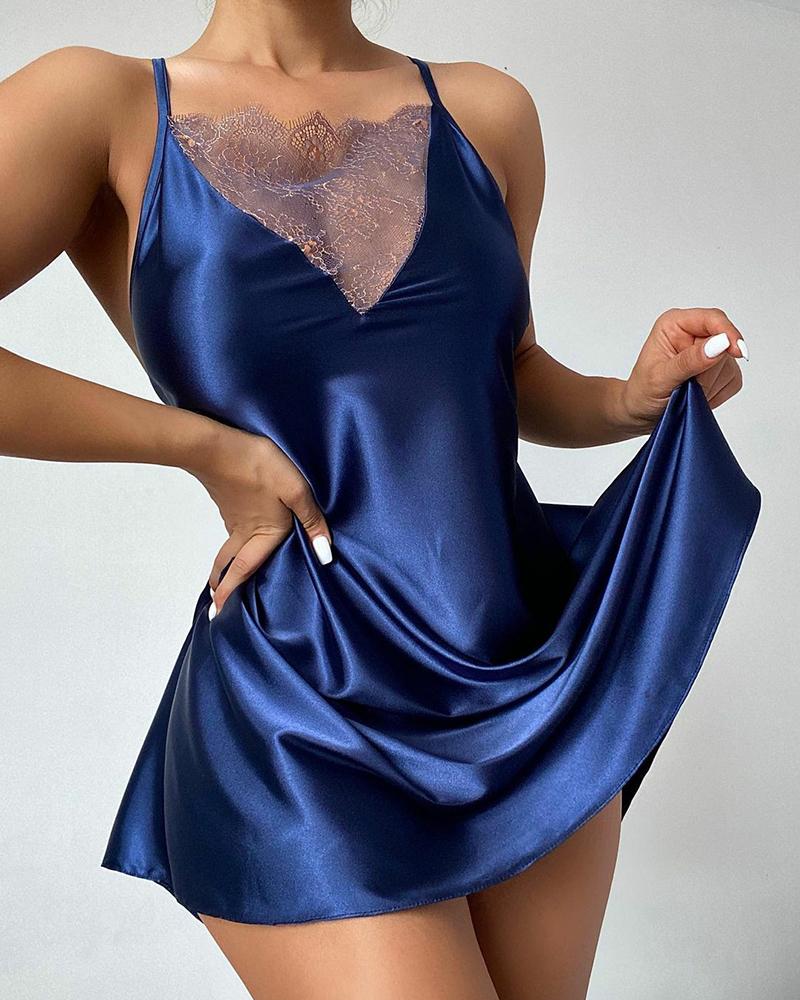 

Contrast Lace Criss Cross Backless Satin Nightdress, Dark blue