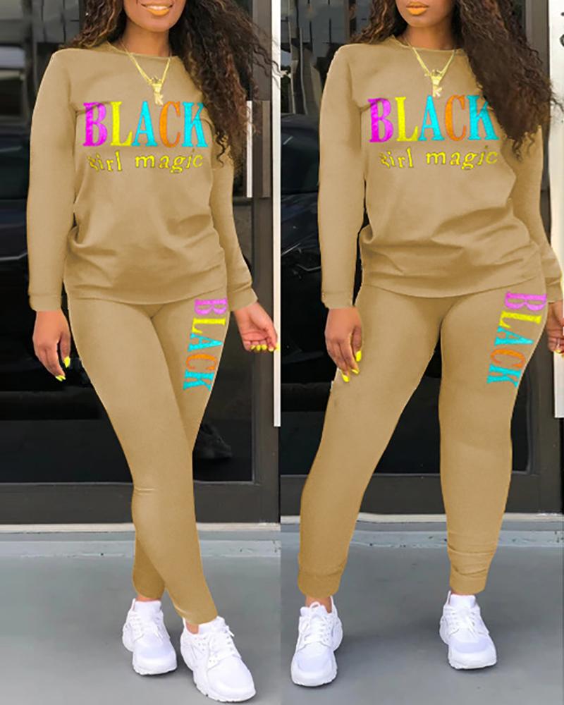 

Letter Print Long Sleeve Top & Pants Set, Khaki