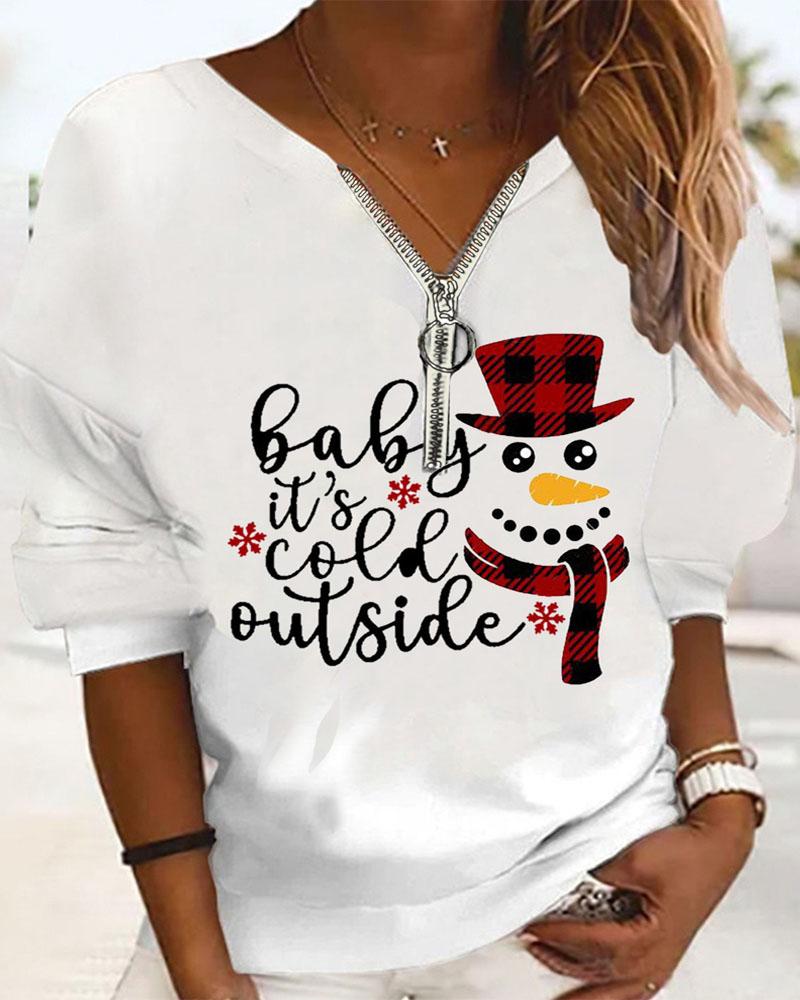 

Plus Size Christmas Snowman Print Zip Front Casual Top, White