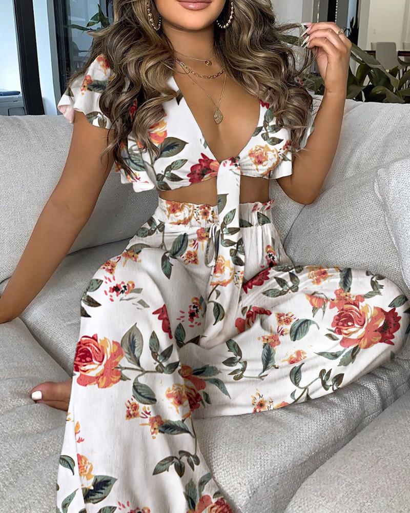 

Floral Print V Neck Lace up Ruffle Hem Crop Top & Pants Sets, White