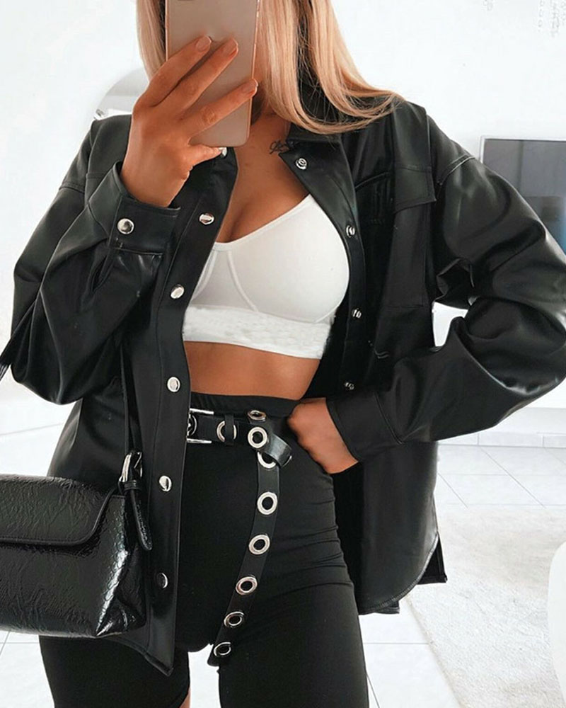 

Long Sleeve Flap Detail Snap Button PU Leather Biker Jacket, Black