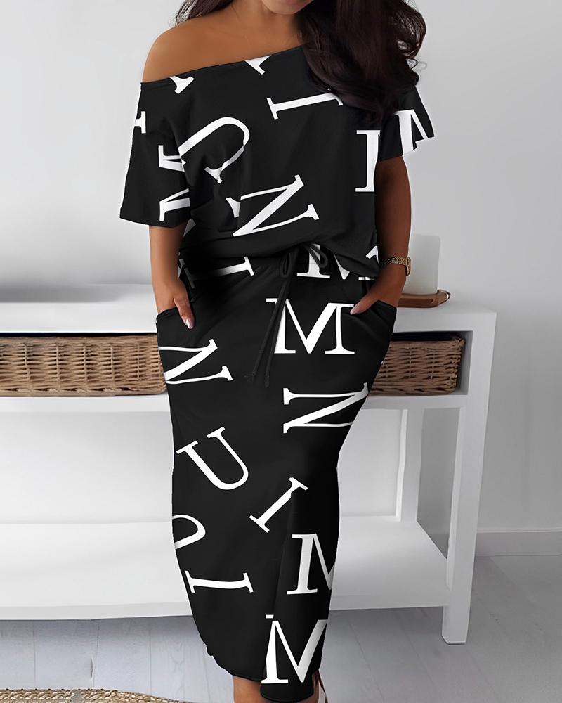 

Plus Size Letter Print Skew Neck T-shirt & Skirt Set, Black