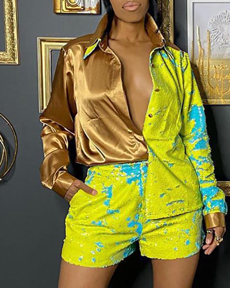 

Colorblock Satin Patch Button Front Top & Shorts Sets, Yellow