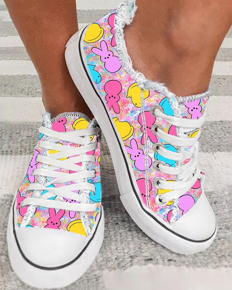 

Easter Colorblock Bunny Print Fringe Hem Canvas Sneakers, Multicolor