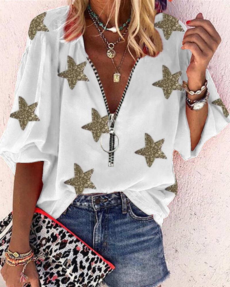

Lantern Sleeve Star Print Zipper Design Top, White