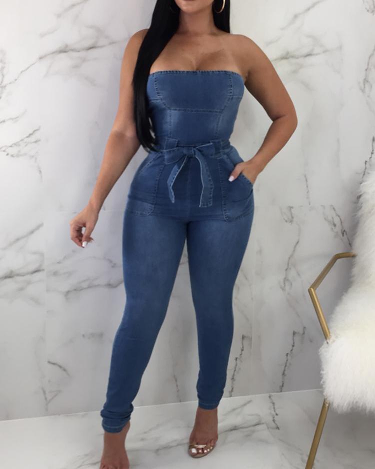 

Fashion Belted Strapless Denim Jumpsuit, Blue