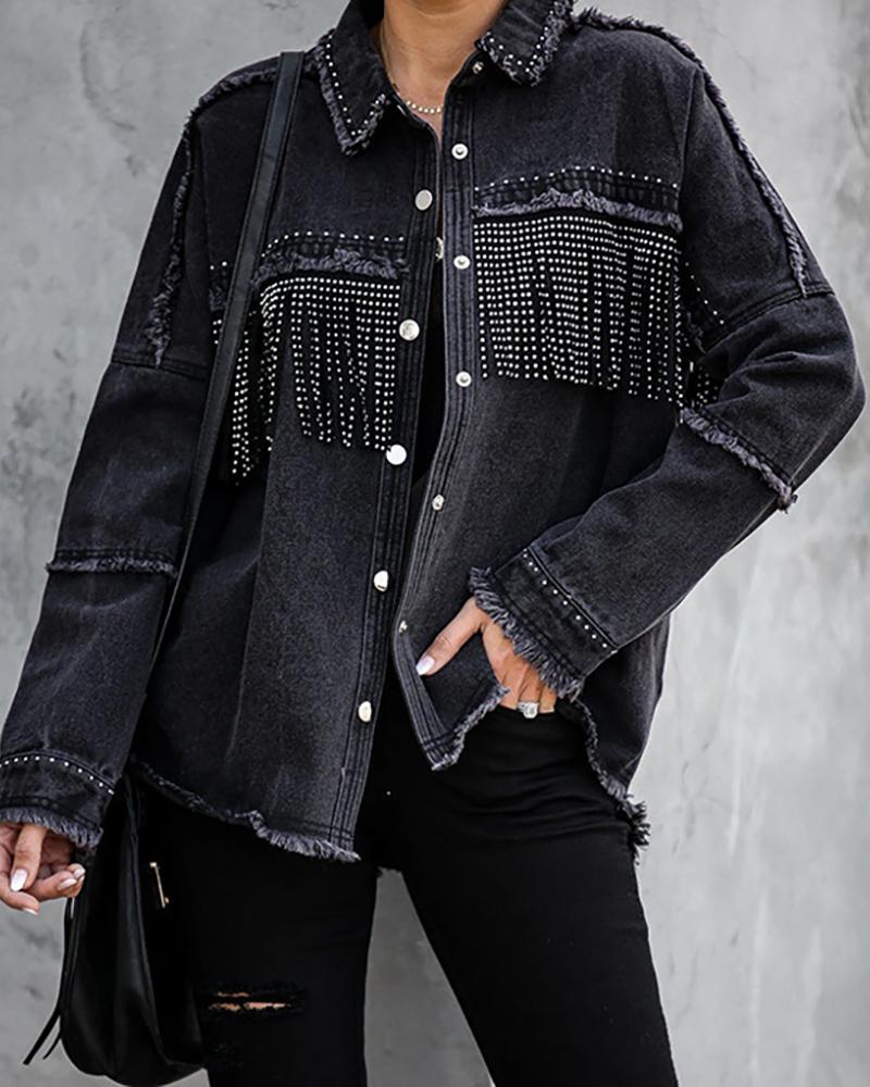 

Tassel Design Fringe Hem Denim Coat, Black