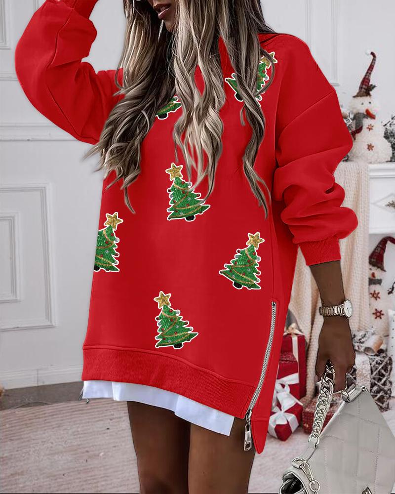 

Sudadera con capucha y cremallera lateral con estampado de árbol de Navidad, Red