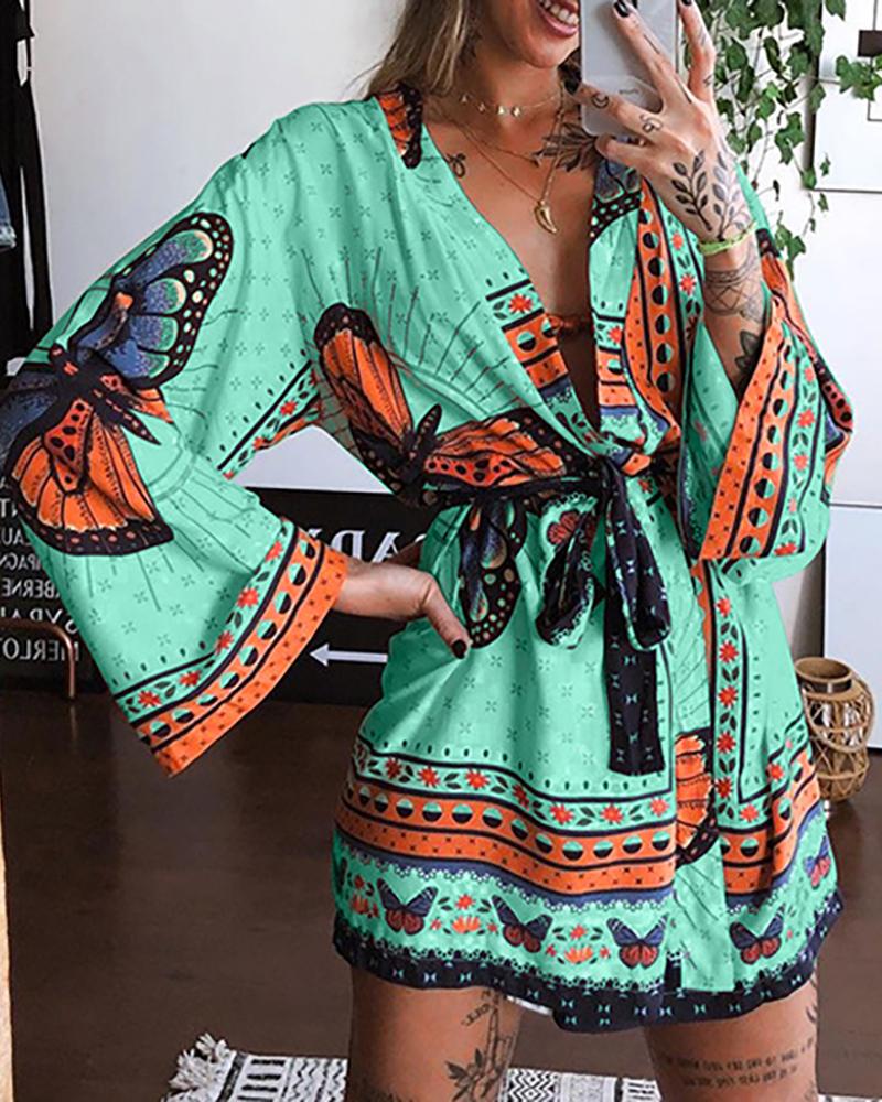 

Butterfly Print Tied Detail Bell Sleeve Dress, Green