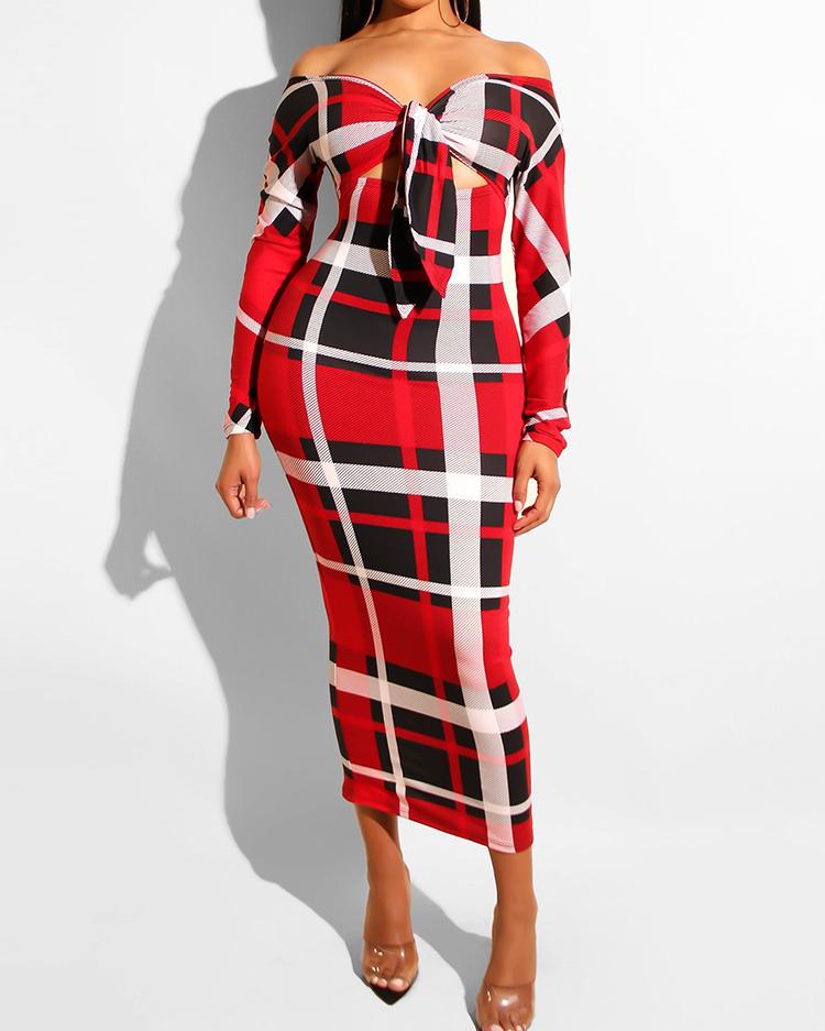 

Off Shoulder Knotted Cut Out Plaid Dress, Red