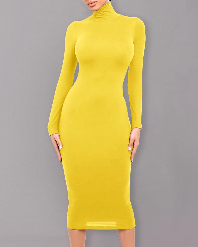 

Plain Long Sleeve Mid-Calf Dress, Yellow