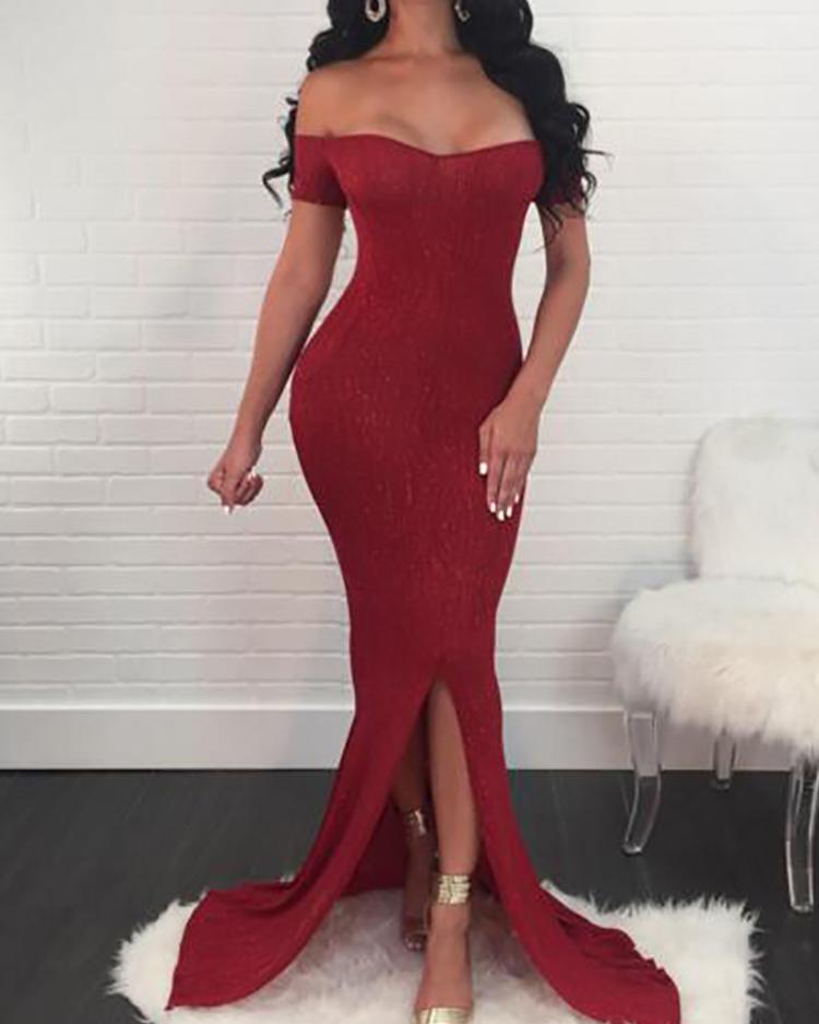 

Sequins Off Shoulder Slit Fishtail Maxi Dress, Red