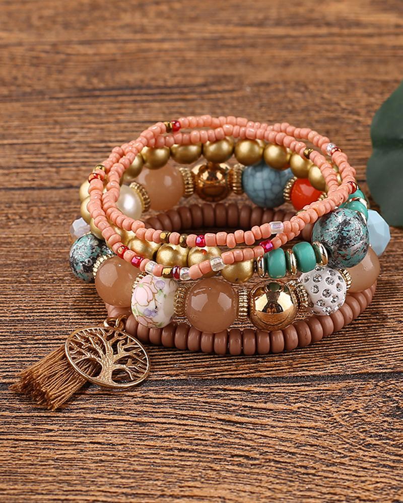 

1pc Bohemian Beaded Hollow Out Geometric Tassel Multi-layer Bracelet, Coffee