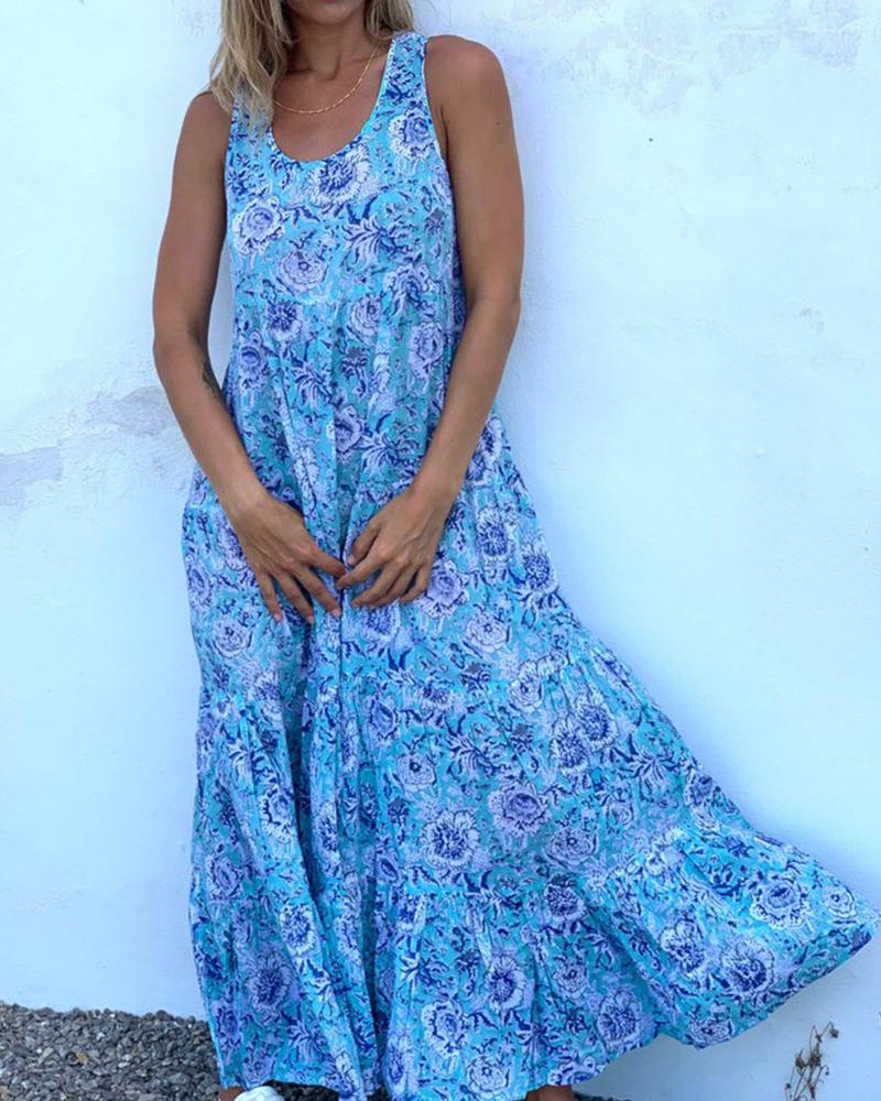 

Floral Print Sleeveless Loose Vocation Long Dress, Blue