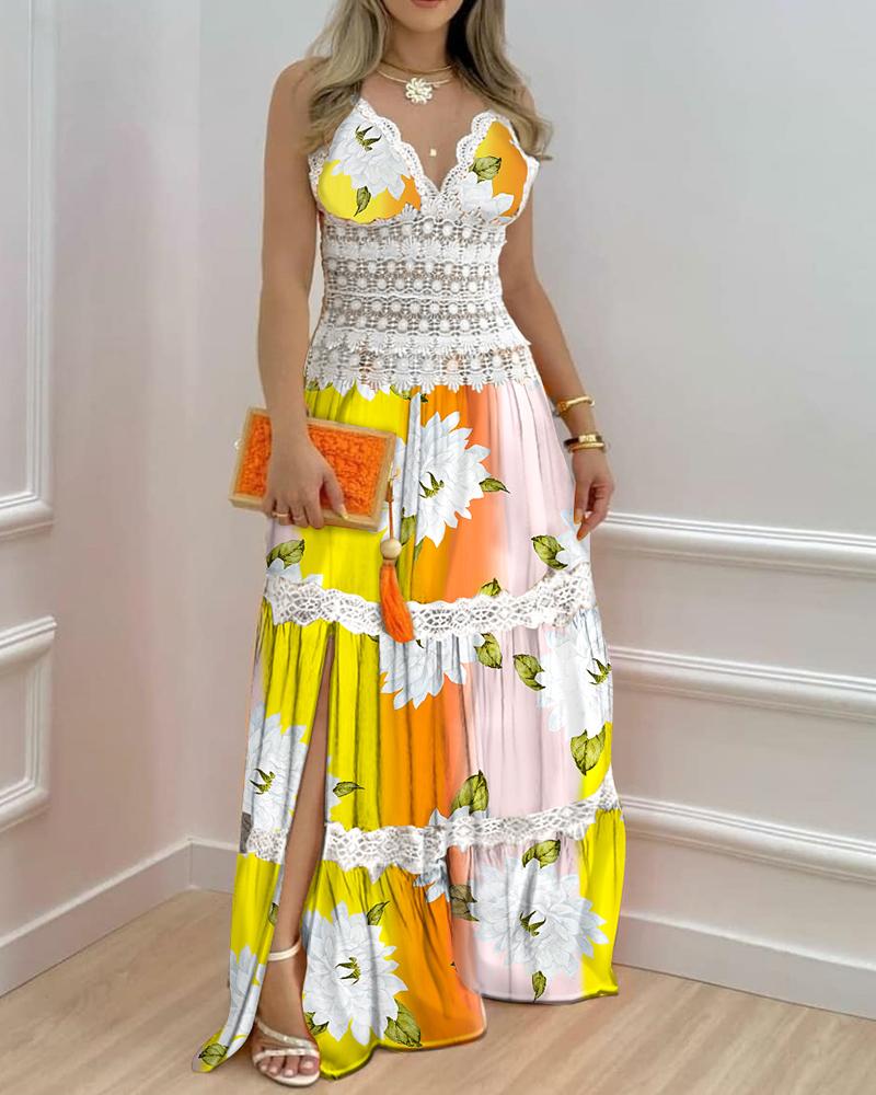 

Contrast Lace Split Hem Floral Print Maxi Dress, Multicolor