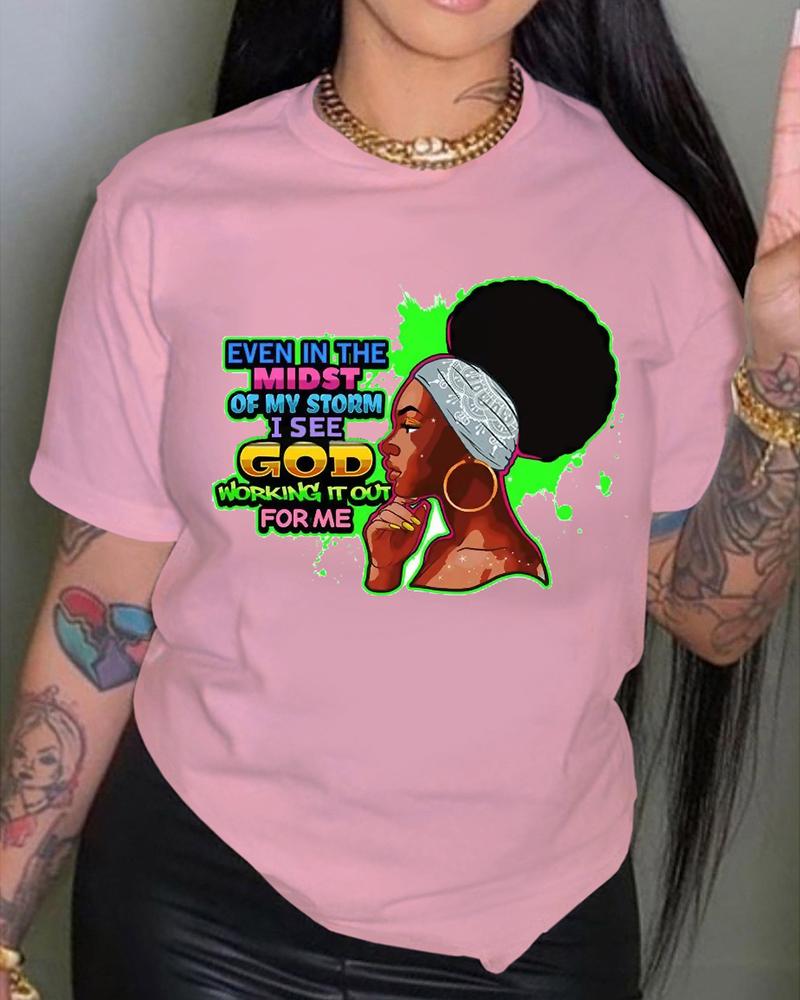 

O-Neck Figure Letter Print Casual T-shirt, Pink