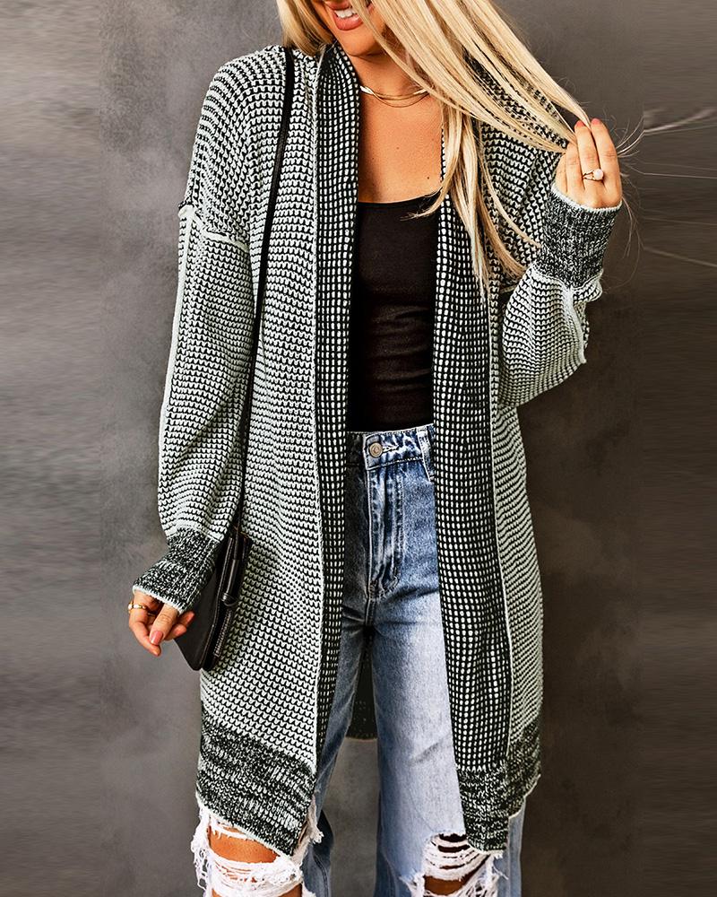 

Plaid Knitted Open Front Longline Cardigan, Gray