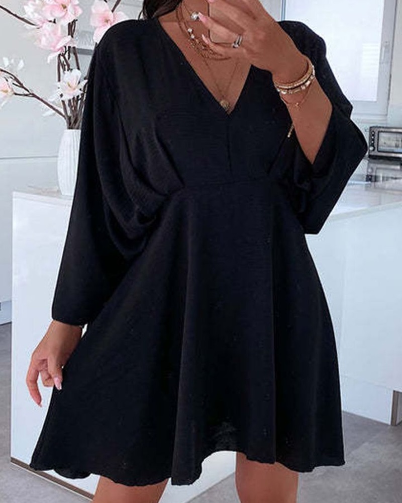 

Ruced Batwing Sleeve Casual Dress, Black