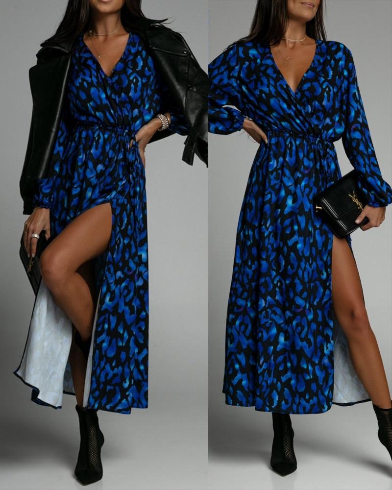 

Allover Print Long Sleeve High Slit Wrap Dress, Blue