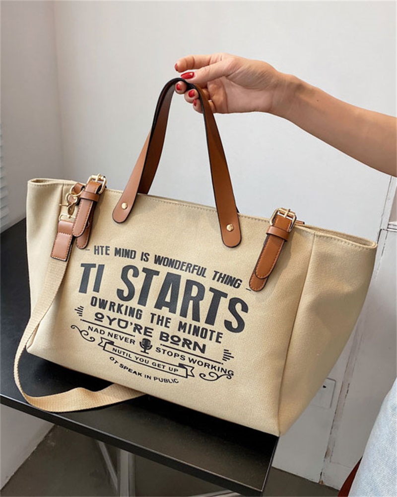 

Letter Print Large Capacity Tote Bag, Khaki