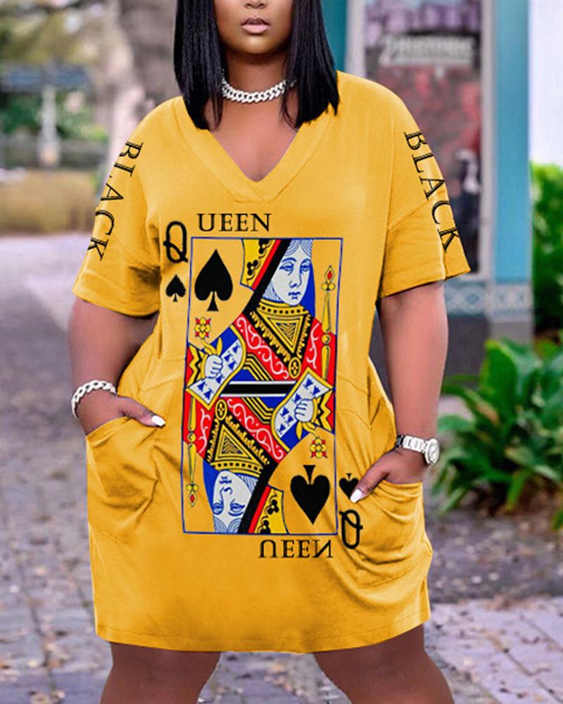 

Poker Print Pocket Design V-Neck Casual Dress, Yellow