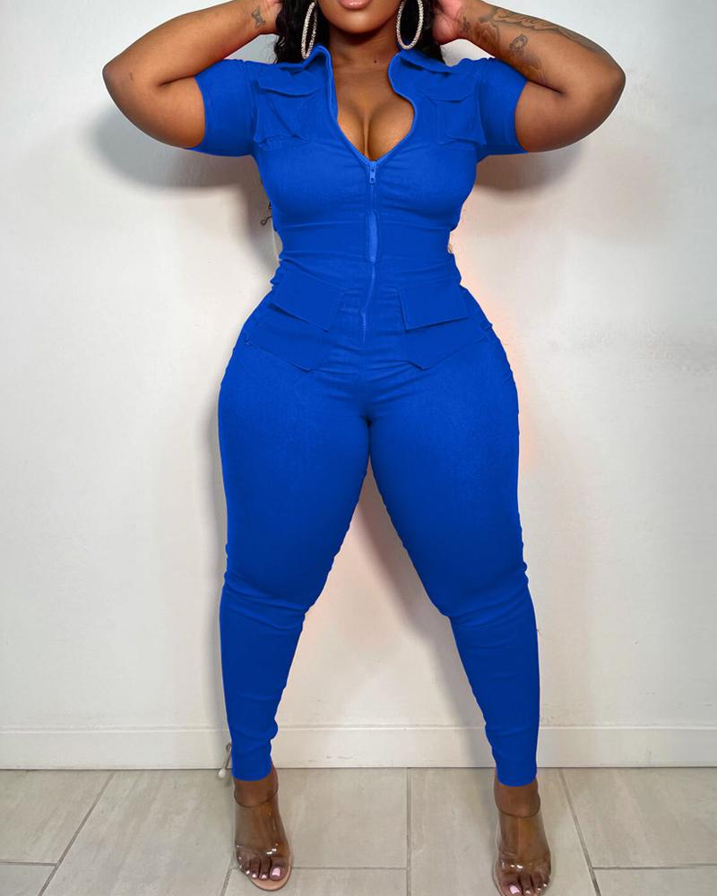 

Plus Size Pocket Detail Zip Front Jumpsuit, Dark blue