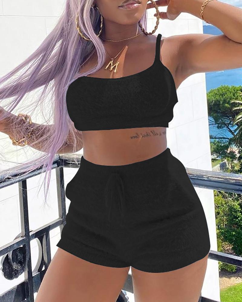 

Spaghetti Strap Plain Top & Shorts Set, Black