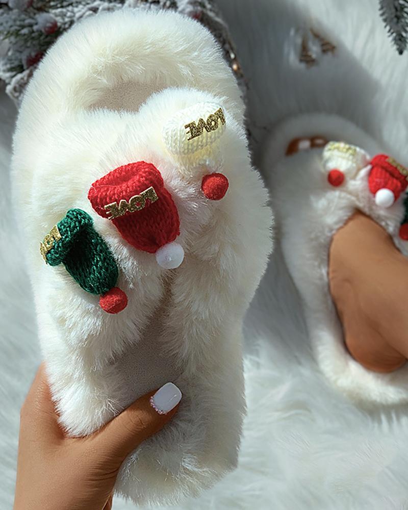 

Christmas Pattern Cross Fluffy Slippers, White