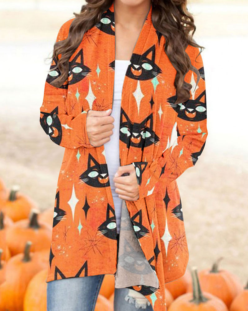 

Halloween Graphic Cat Print Open Front Coat, Orange