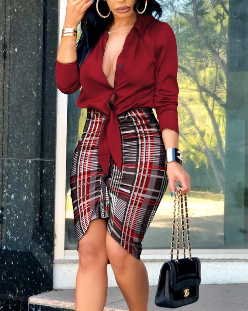 

Plaid Print Tied Detail Ruched Shirt Dress, Wine red