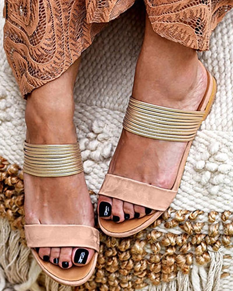 

Open Toe Metal Strap Flat Slides, Apricot
