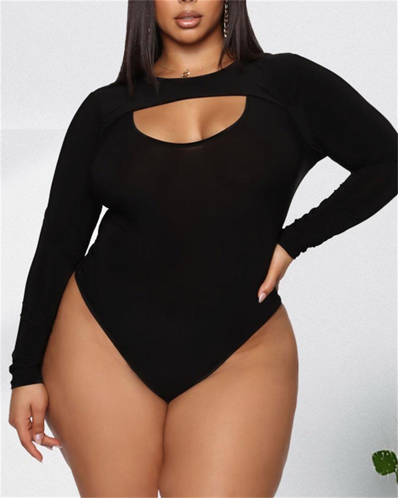

Plus Size Cutout Front Long Sleeve Bodysuit, Black