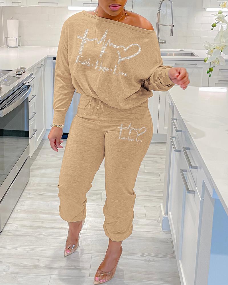 

Plus Size Rhinestone Faith Hope Love Heart Pattern Top & Pants Set, Khaki