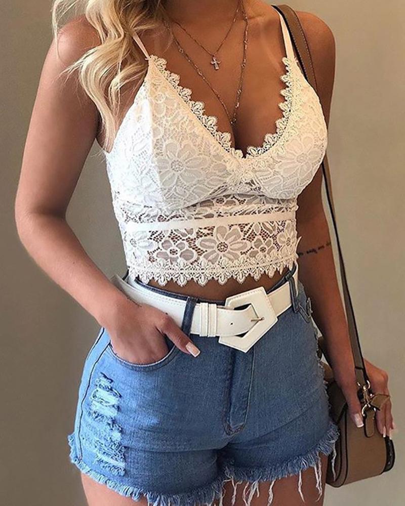 

V-Neck Crochet Lace Bralette Top, White