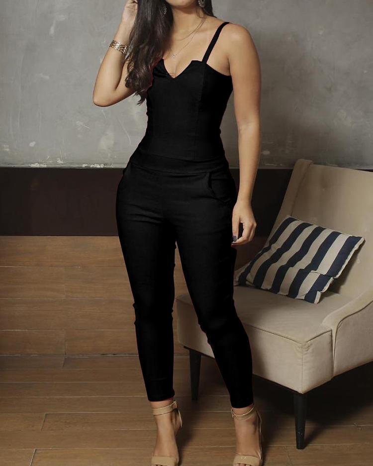 

Spaghetti Strap V-Cut Slinky Jumpsuits, Black