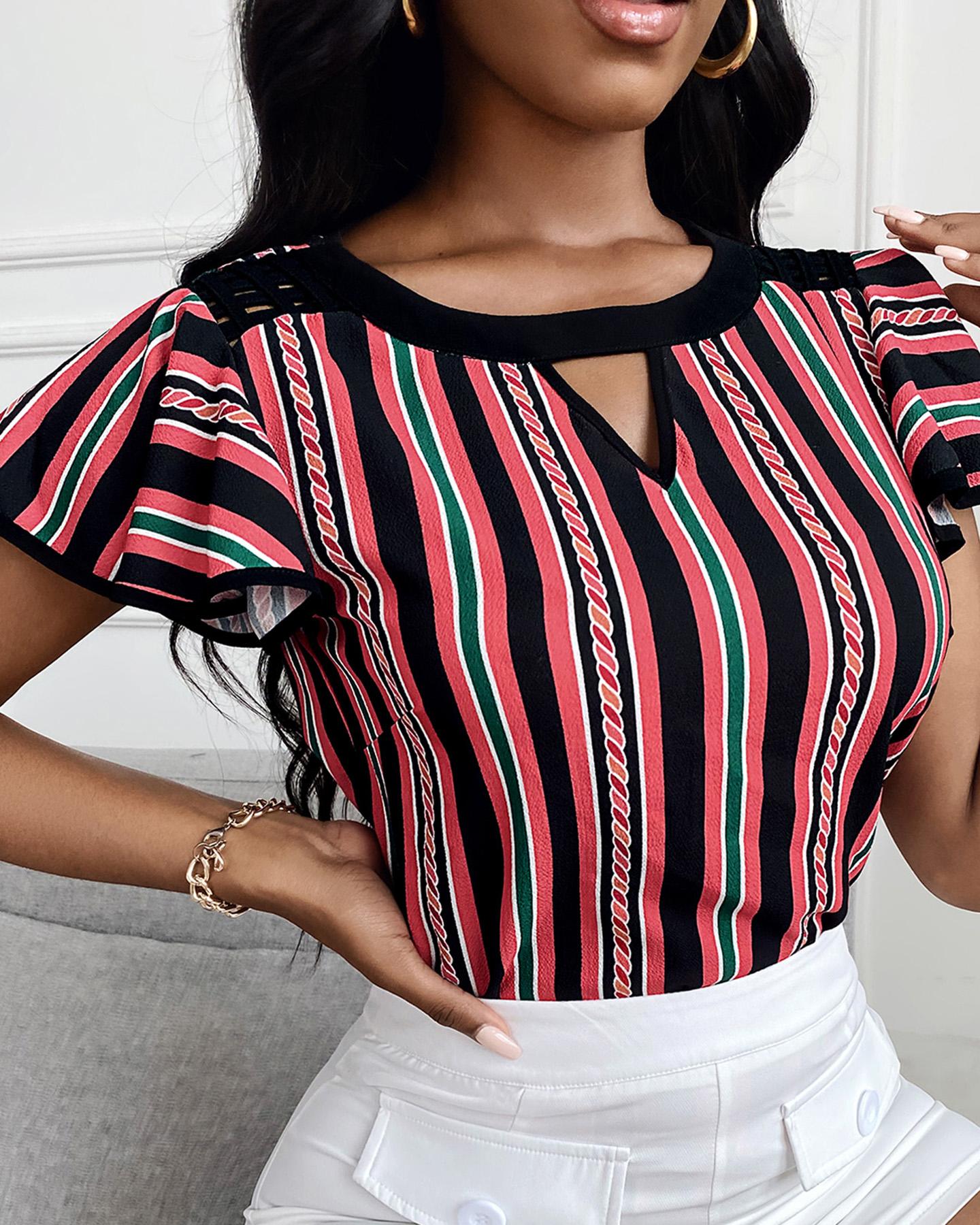 

Striped Colorblock Sheer Mesh Flutter Sleeve Cutout Front Casual Top, Multicolor