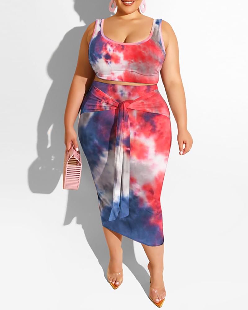 

Plus Size Tie Dye Print Thick Strap Top & Skirt Set, Red
