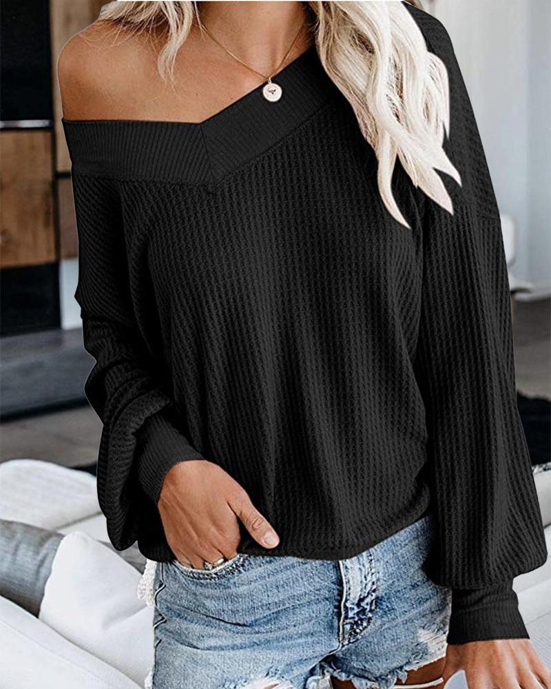 

Lantern Sleeve V-Neck Waffle Knit Sweater, Black