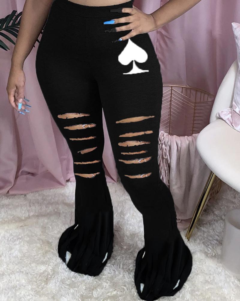 

Poker Print Ladder Cutout Bootcut Pants, Black