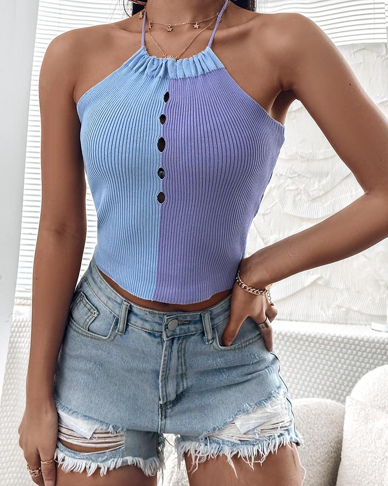 

Colorblock Sleeveless Hollow-out Knit Sweater, Blue