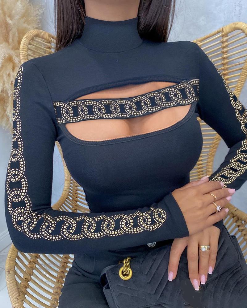 

Rhinestone Decor Cutout Long Sleeve Top, Black