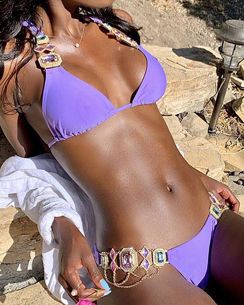 

Rhinestone Metal Chain Detail Halter Bikini Set, Purple