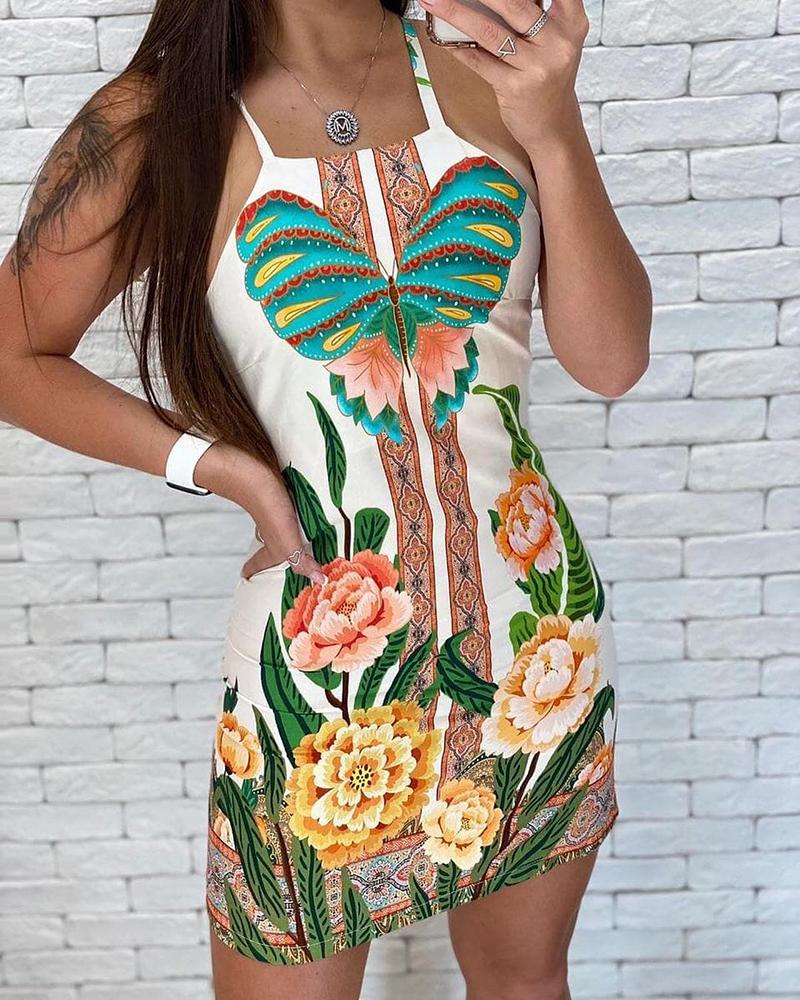 

All Over Print Spaghetti Strap Mini Dress, Multicolor