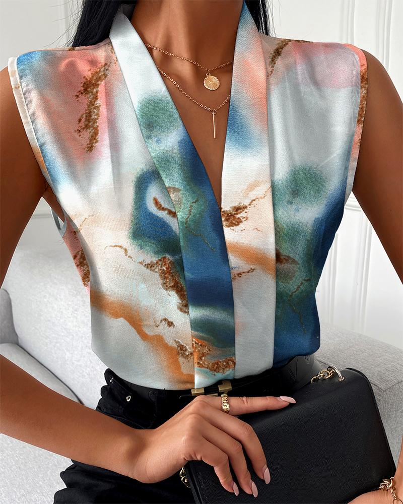 

Marble Print V-Neck Casual Top, Multicolor