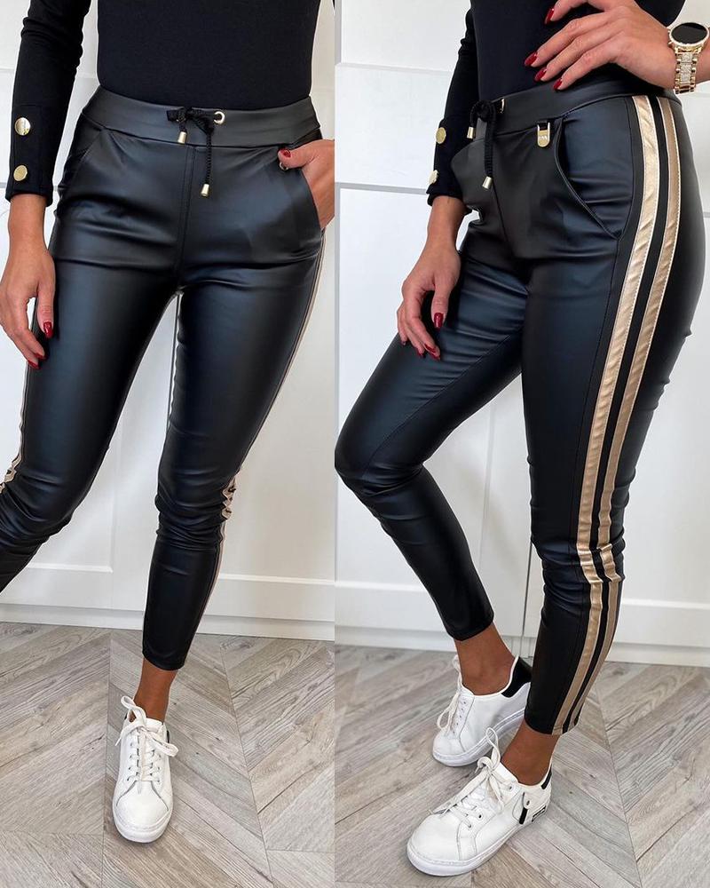 

Striped Tape Patch Skinny PU Leather Pants, Black