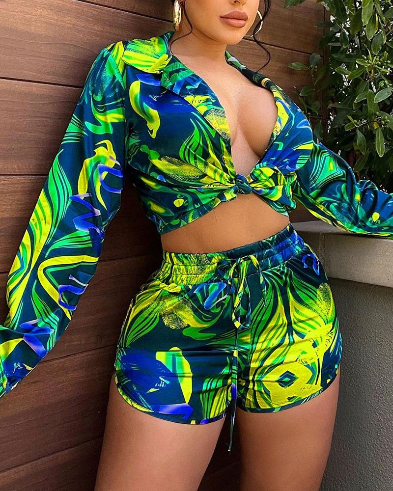 

Tropical Print Shirt & Drawstring Shorts Set, Green