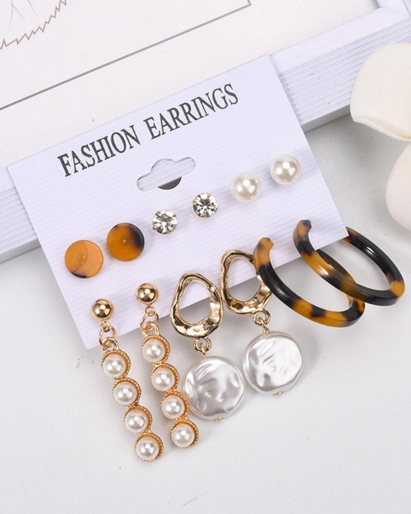 

6Pair Leopard Pearls Beaded Drop Hoop Earrings Set, Gold